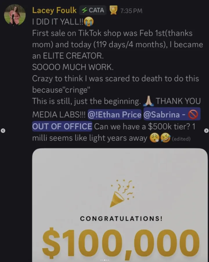 TikTok Shop win posted by a MediaLabs member in the community