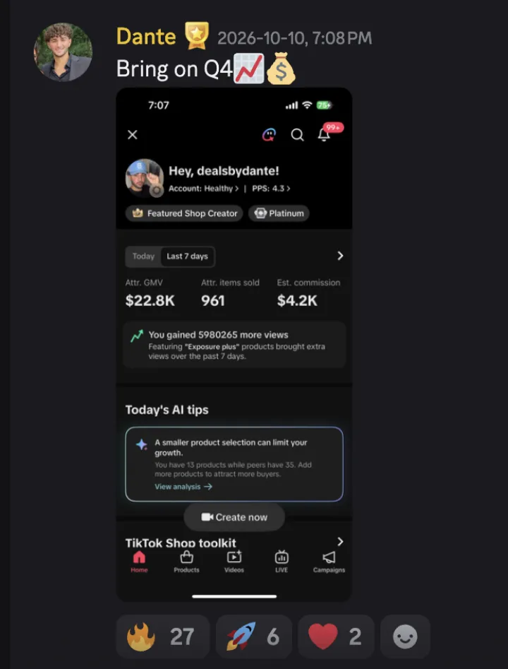 TikTok Shop win posted by a MediaLabs member in the community