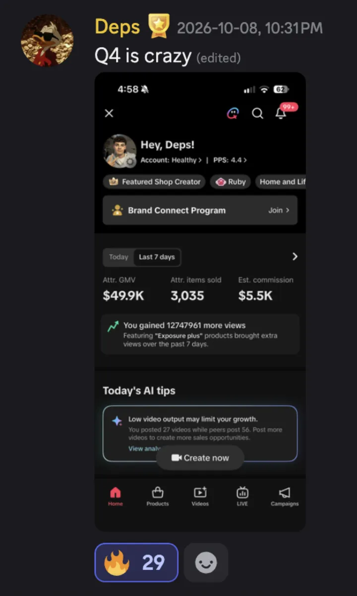 TikTok Shop win posted by a MediaLabs creator in the community
