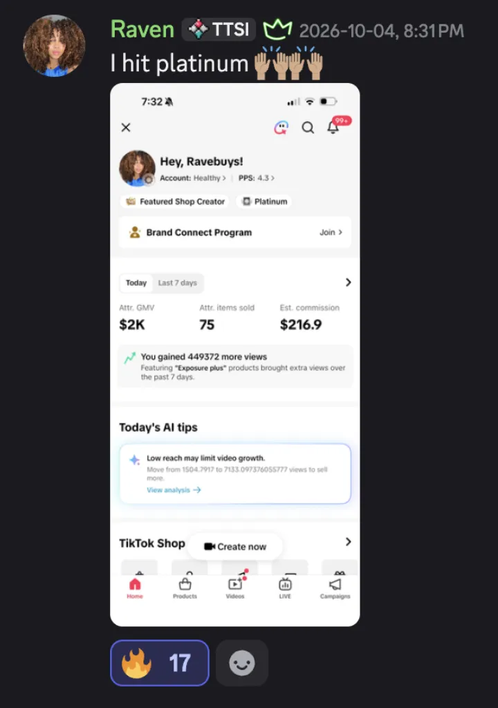 TikTok Shop win posted by a MediaLabs member in the community