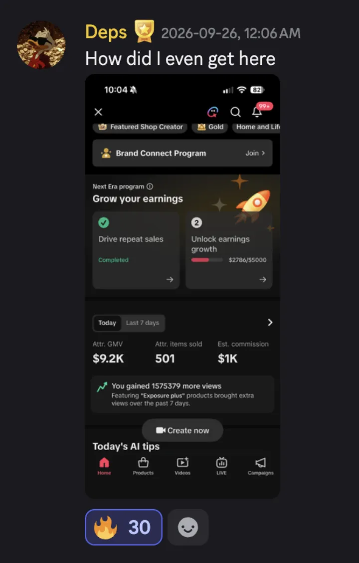 TikTok Shop win posted by a MediaLabs member in the community