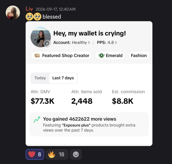 TikTok Shop win posted by a MediaLabs member in the community