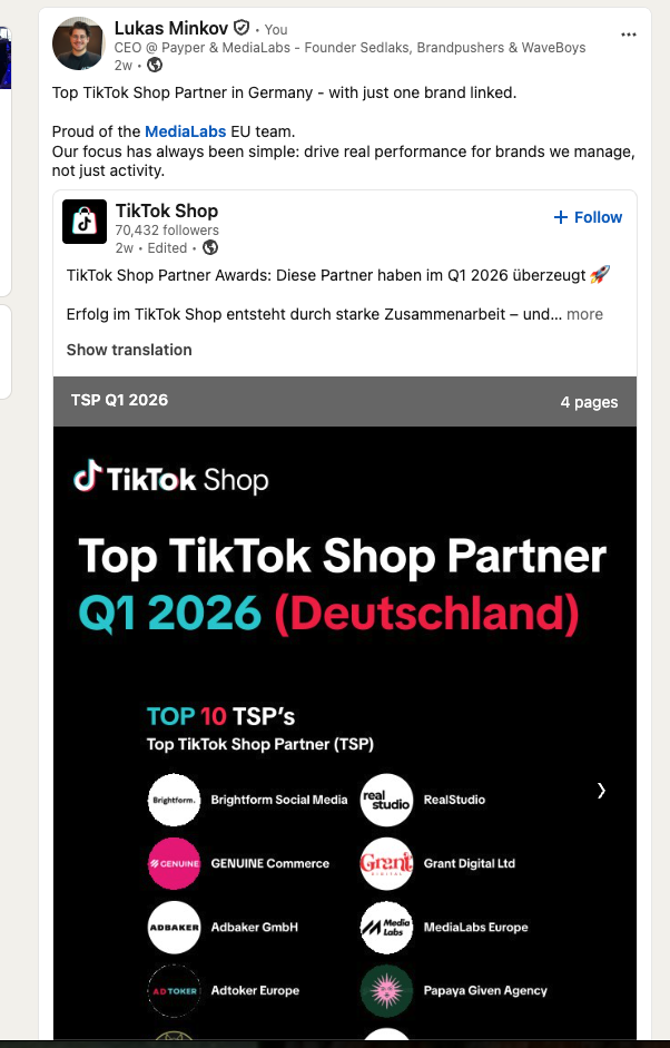 MediaLabs Europe Named a Top TikTok Shop Partner in Germany for Q1 2026